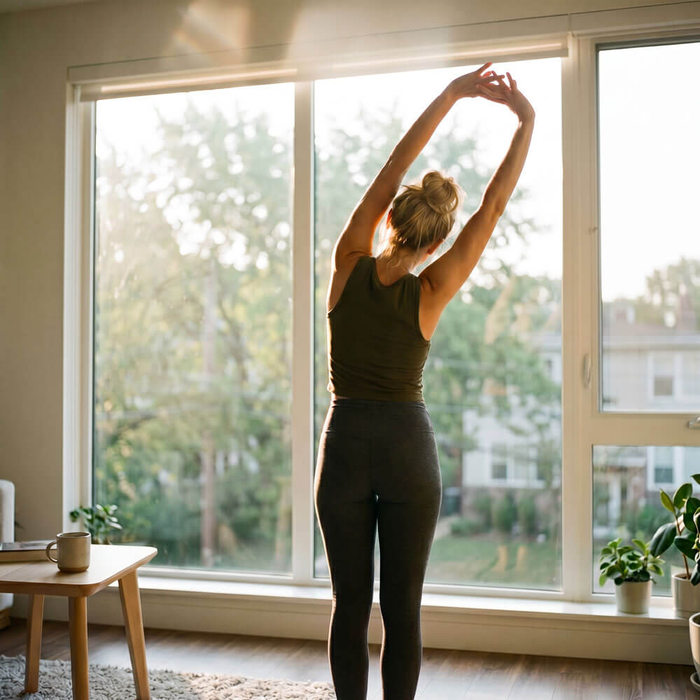 Woman stretching by a sunlit window at home